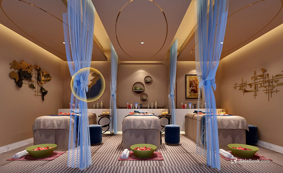 Modern SPA Sauna Interior With Massage Beds Blue Curtains Green Foot Basins And Wall Decor 3d model 