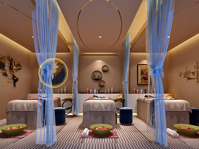 Modern SPA Sauna Interior With Massage Beds Blue Curtains Green Foot Basins And Wall Decor 3d model