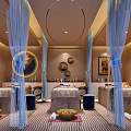 Modern SPA Sauna Interior With Massage Beds Blue Curtains Green Foot Basins And Wall Decor