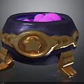 Ornate Blue Cauldron With Golden Star Design And Pink Orbs Inside
