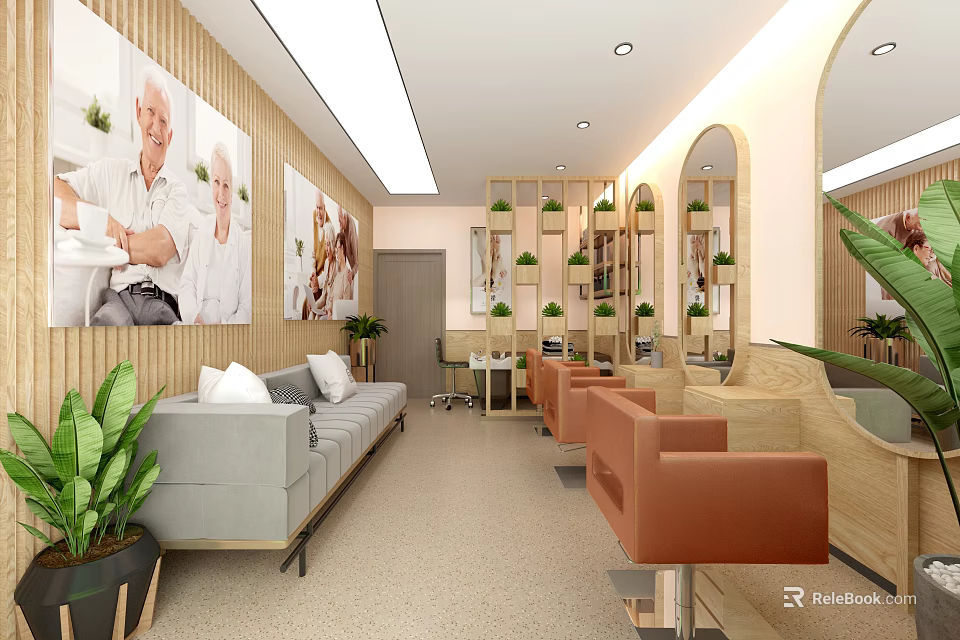 Contemporary Salon Interior Featuring Gray Sofa Orange Chairs Mirrors And Wall Paintings 3d model 