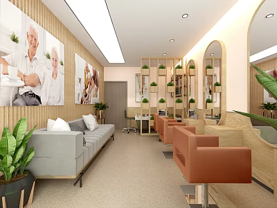 Contemporary Salon Interior Featuring Gray Sofa Orange Chairs Mirrors And Wall Paintings 3d model