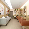 Contemporary Salon Interior Featuring Gray Sofa Orange Chairs Mirrors And Wall Paintings