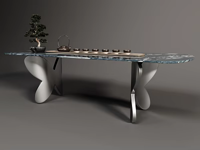 Modern Tea Table With Marble Top Butterfly Shaped Steel Legs And Teapot Cups Bonsai Plant 3d model