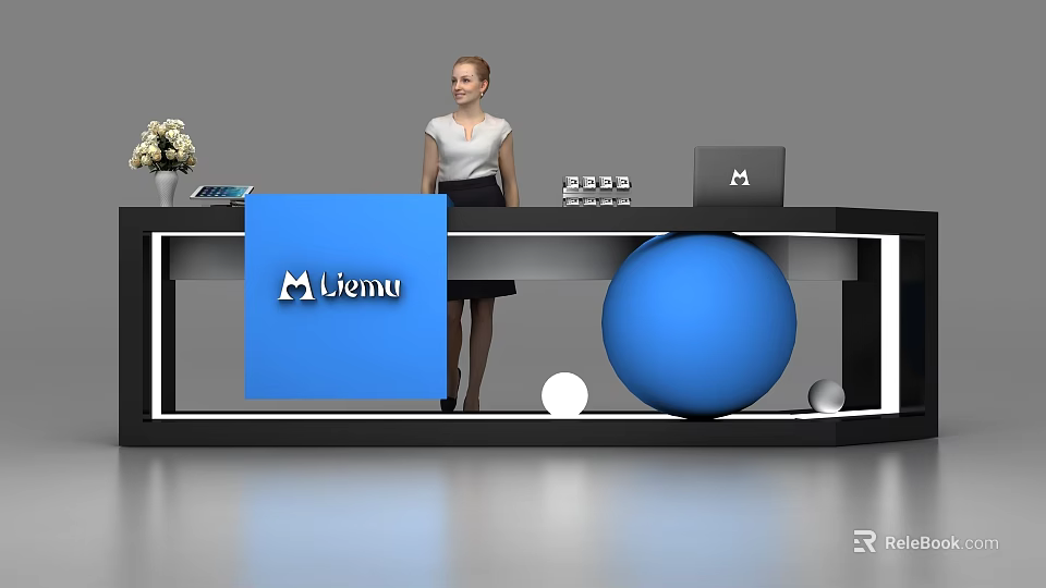 Modern Reception Desk with Lionu Sign Blue Sphere and Receptionist Office Supplies and Flower Arrangement 3d model 