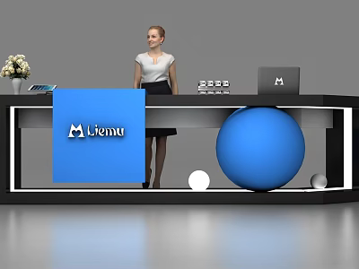 Modern Reception Desk with Lionu Sign Blue Sphere and Receptionist Office Supplies and Flower Arrangement 3d model