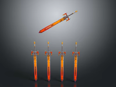 Floating Orange Red Gradient Sword With Four Arranged Blades Below 3d model