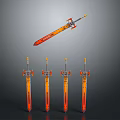 Floating Orange Red Gradient Sword With Four Arranged Blades Below