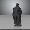 Armored Knight Statue Standing With Cloak On Gray Pedestal And Detailed Armor