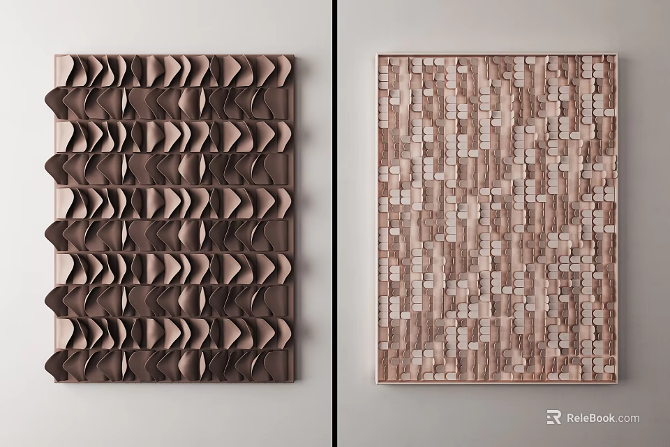 Modern 3D Rippled Brown Wall Decor And Wooden Square Tiled Panel For Home Interior 3d model 