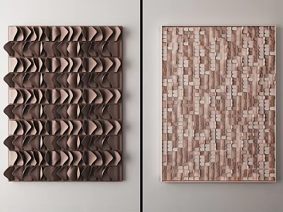 Modern 3D Rippled Brown Wall Decor And Wooden Square Tiled Panel For Home Interior 3d model