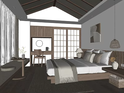 Cozy Hotel Guest Room With Wooden Sliding Doors Gabled Ceiling And Gray Beige Bedding 3d model