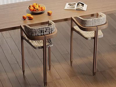 Modern Wooden Bar Stools With Woven Seats In Kitchen Dining Area With Oranges And Magazine 3d model