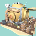 Cartoon Scene with Yellow Structure Window Humanoid Character Wooden Barrels Gears Tools on Wooden Platform