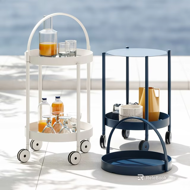 White And Blue Wheeled Two Tier Tea Trolley With Drinks Bottles Glasses In Outdoor Sunlight 3d model 