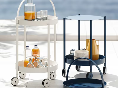 White And Blue Wheeled Two Tier Tea Trolley With Drinks Bottles Glasses In Outdoor Sunlight 3d model