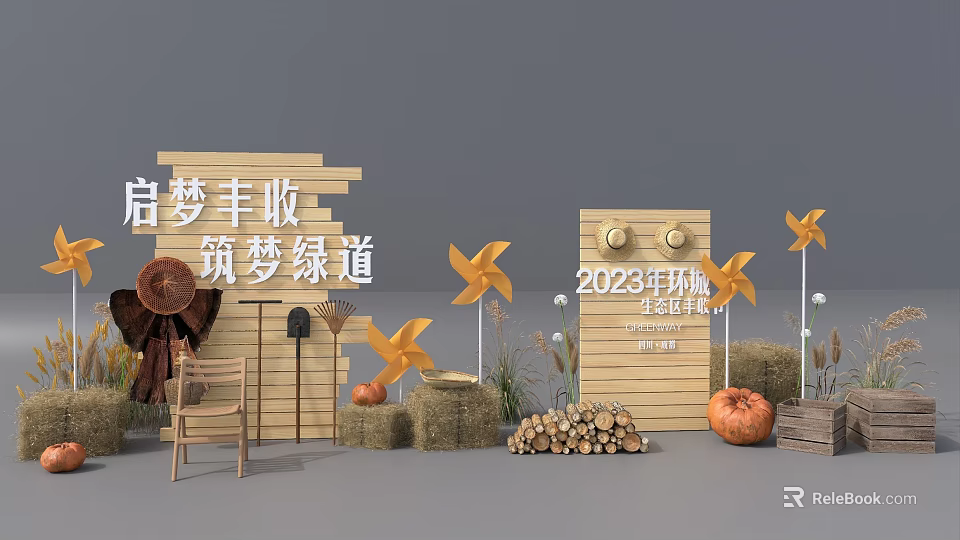 2023 Harvest Cultural Festival Scene With Windmills Pumpkins Hay Bales And Wooden Logs 3d model 
