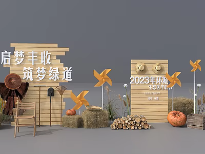 2023 Harvest Cultural Festival Scene With Windmills Pumpkins Hay Bales And Wooden Logs 3d model