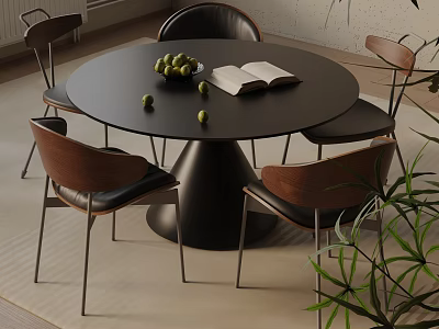 Modern Dining Table Set With Round Black Tabletop Open Book Fruits And Wooden Backrest Chairs 3d model