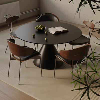 Modern Dining Table Set With Round Black Tabletop Open Book Fruits And Wooden Backrest Chairs 3d model