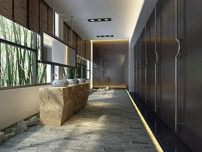 Modern Public Restroom Design With Open Layout Stone Washbasins And Wooden Stalls 3d model