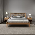 Modern Minimalist Bedroom Interior With Wooden Bed Gray Bedding Nightstands And Lamps