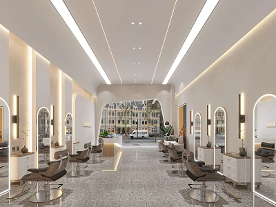 Modern Hair Salon Interior Design With Styling Chairs Mirrors And Bright Lighting 3d model
