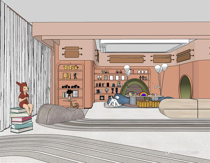 Entertainment Room with Pastel Pink Walls Beige Sofa Arched Doorway Bookshelves Striped Rug and Balloons 3d model 