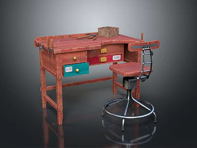 Vintage Wooden Desk With Colorful Drawers Wooden Block Tools And Matching Chair 3d model