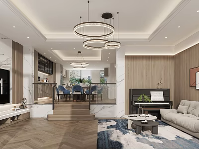 Modern Living And Dining Area Interior With Chandeliers Wooden Elements Marble Accents And Sofa 3d model