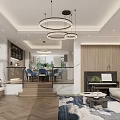 Modern Living And Dining Area Interior With Chandeliers Wooden Elements Marble Accents And Sofa