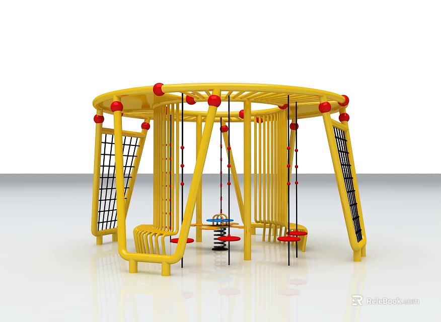Bright Yellow Playground With Circular Structure Swings Climbing Frames And Red Balls 3d model 