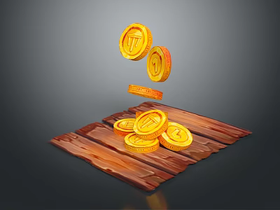 Shining Gold Coins Falling On Wooden Board With Stacked Coins Design 3d model