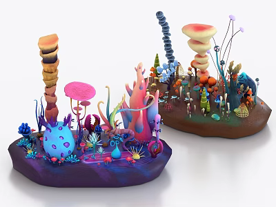 Colorful Fantasy Structures With Mushroom Shaped Columns And Coral Like Decor On Bases 3d model