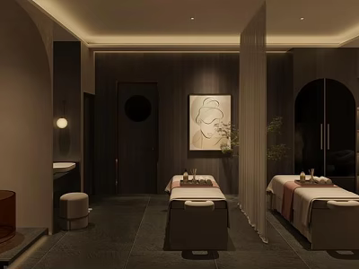 Modern SPA Sauna Interior With Massage Beds Decorative Painting And Soft Lighting 3d model