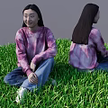 Woman Sitting On Green Grass With Tie Dye Sweater Blue Jeans And Front Back View