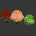 Three Arbor Trees With Orange Yellow Middle And Green Sides On Gray Background With Reflection