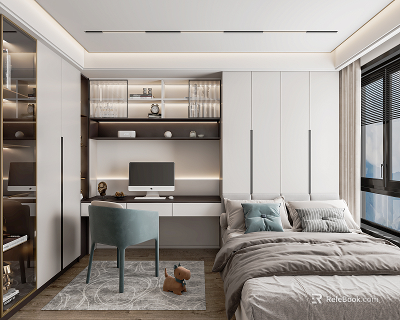 Modern Minimalist Tatami Bedroom With Tatami Bed Desk Computer Chair And Cabinets 3d model 