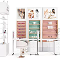 Modern Beauty Product Showcase Table And Chair Set With White Shelves And Storage