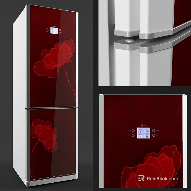 Modern Refrigerator Freezer With Red Floral Pattern White Red Exterior And Digital 3d model 