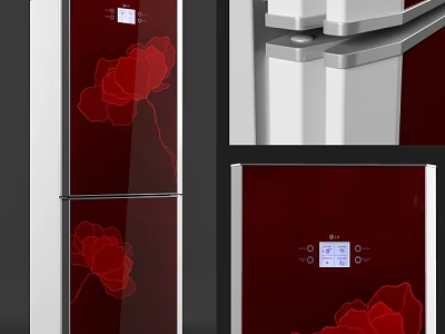 Modern Refrigerator Freezer With Red Floral Pattern White Red Exterior And Digital 3d model