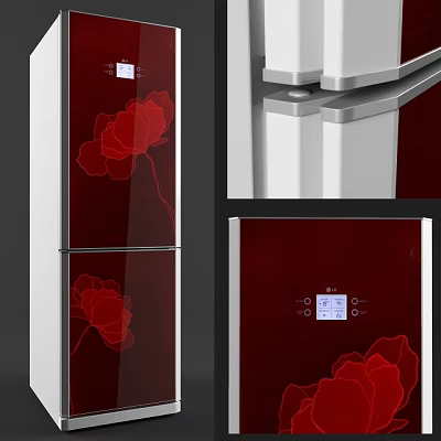 Modern Refrigerator Freezer With Red Floral Pattern White Red Exterior And Digital 3d model