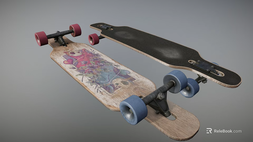 Colorful And Black Skateboard Sports Equipment With Wooden Decks Red Blue Wheels 3d model 