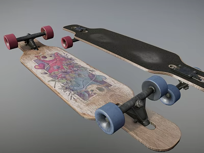 Colorful And Black Skateboard Sports Equipment With Wooden Decks Red Blue Wheels 3d model