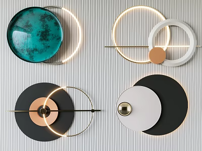 Modern Circular Wall Decor Featuring Blue Black White Copper Illuminated Rings And Metal Accents 3d model