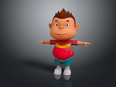 Cartoon Little Boy with Brown Hair Blue Eyes Red Yellow Striped Shirt Smiling Arms Outstretched 3d model