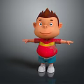 Cartoon Little Boy with Brown Hair Blue Eyes Red Yellow Striped Shirt Smiling Arms Outstretched
