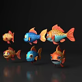 Cute Cartoon Style Orange Blue Fish With Big Eyes Six Arranged Two Rows Reflections