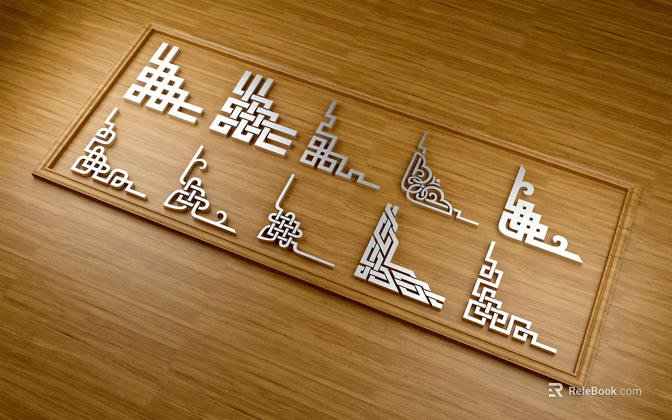 Metal Corner Moldings With Various Traditional Geometric Patterns Arranged On Wooden Tabletop 3d model 