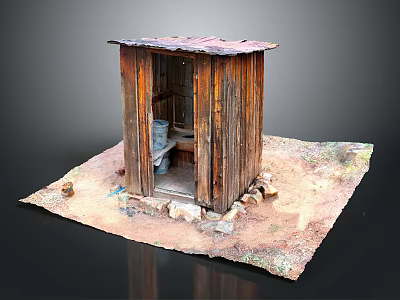 Rustic Wooden Hut With Rusted Roof Open Doorway Bucket Inside On Dirt Ground 3d model